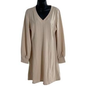 OYANUS Women's V Neck Long Bishop Sleeve Knit Apricot Sweater Dress  Sz L
